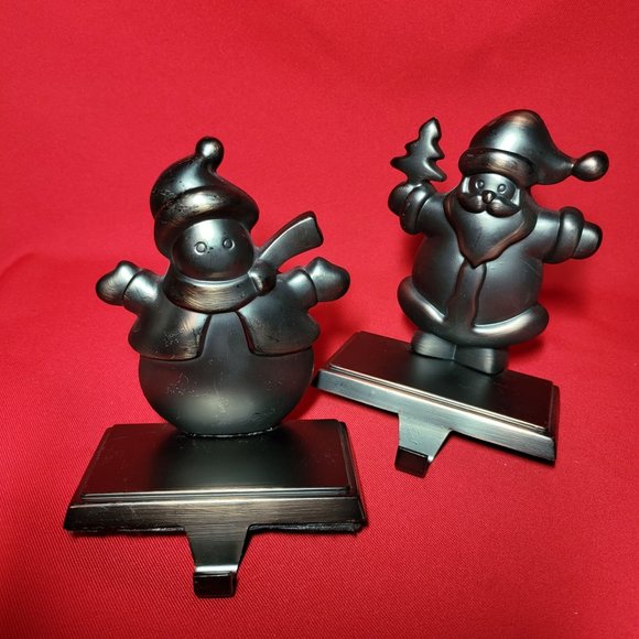 Hanger Santa and Snowman Pewter Black Metal Shelf Sitter Stocking Holder Set of - Picture 4 of 12